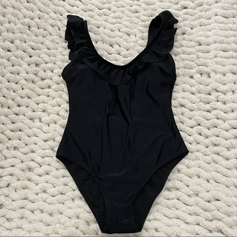 [SUGAR COAST / LOLLI SWIM] BLACK RUFFLE SCOOP LOW BACK ONE-PIECE BATHING SUIT